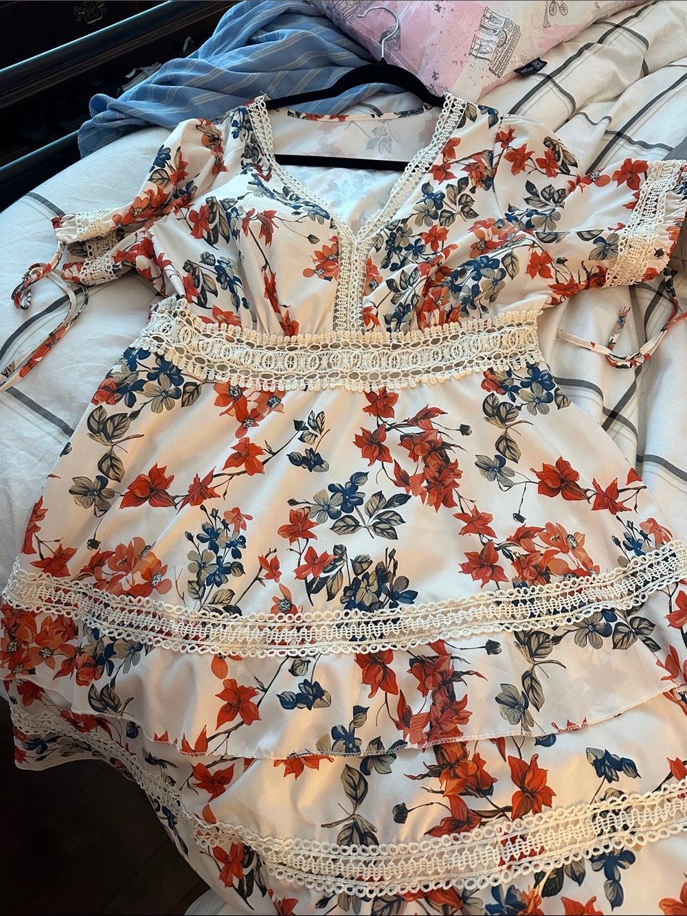 Women’s Floral Lace-Trim Dress Blouse in White with Red & Blue Flowers